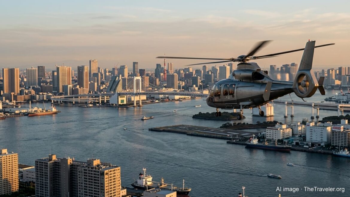 Helicopter approaching a Tokyo waterfront heliport at sunset with city skyline in view.