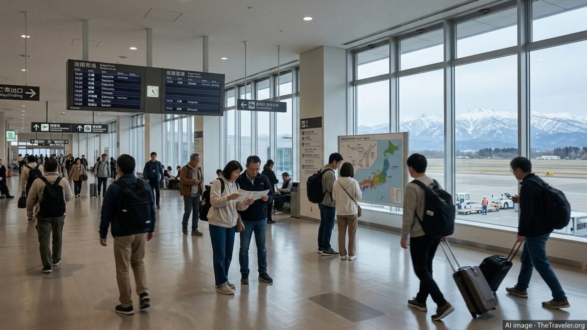 International travelers at a Japanese regional airport checking flights to cities across Japan.