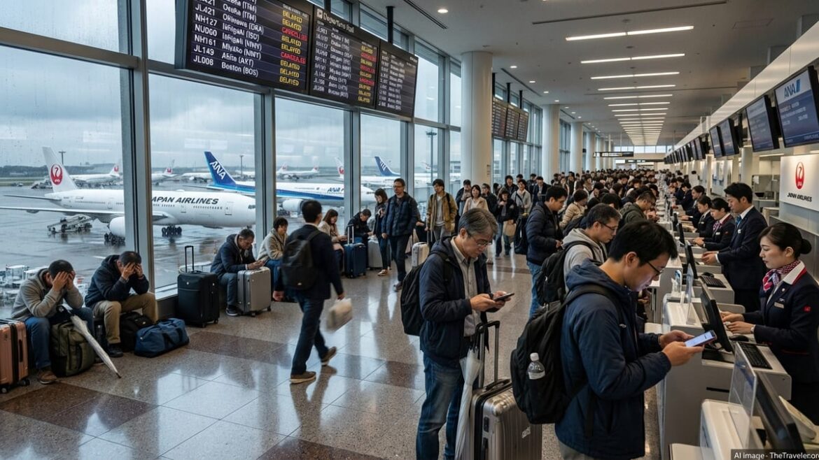 Travelers in a busy Japanese airport terminal checking flights amid cancellations.
