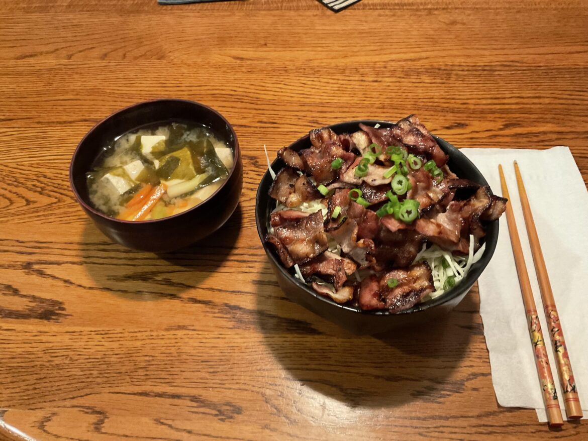 Homemade charcoal grilled butadon with miso soup