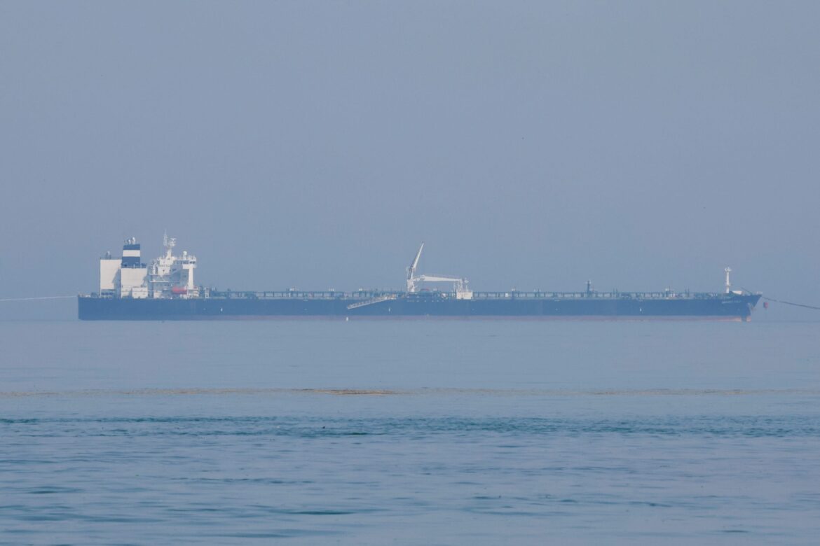 MT Mount Fuji, a Russian oil tanker carrying Russian oil, waits to unload near Narara Marine National Park in the Arabian Sea