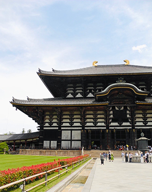 A large temple, with many people going in and out.