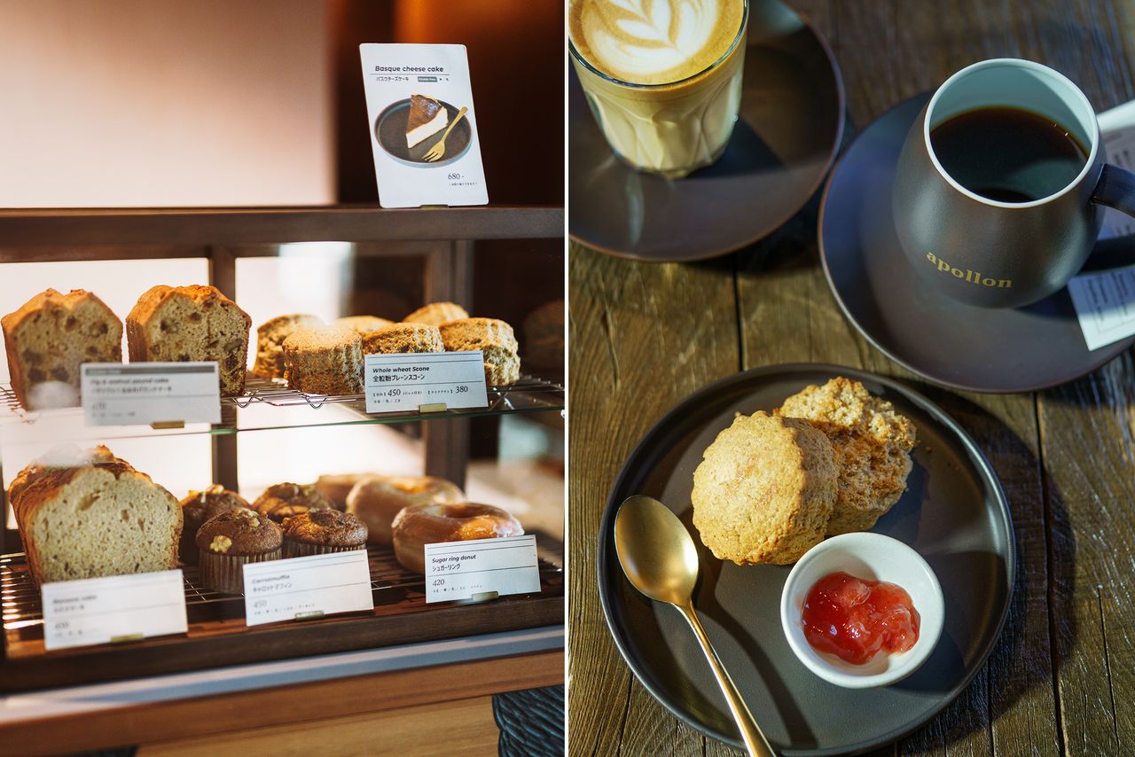 The showcase displays pound cake, muffins, and other treats. The writer selected a whole-wheat scone to go with her coffee. (© Kawaguchi Yōko)