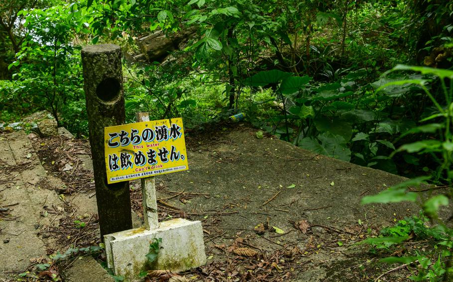 A sign post mounted on a hollow block in the middle of a forest.