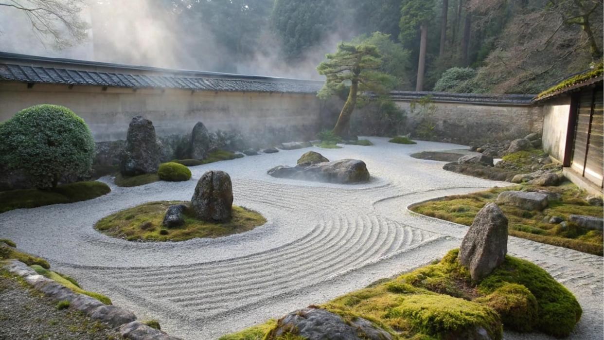 Early morning fog settles over a peaceful raked gravel Japanese Zen garden with carefully placed moss-covered rocks and a curving path.