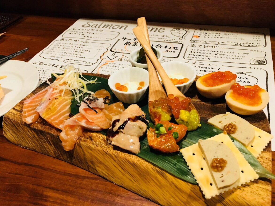 Salmon plate in Japan from Salmon Bene (Umeda, Osaka)