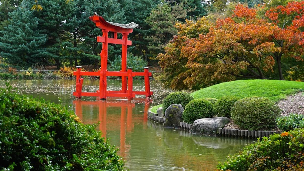 Brooklyn Botanic Garden, NY: The bright red torii (gateway) in the Japanese Hill-and-Pond Garden, one of the oldest and most visited Japanese-inspired gardens outside of Japan.