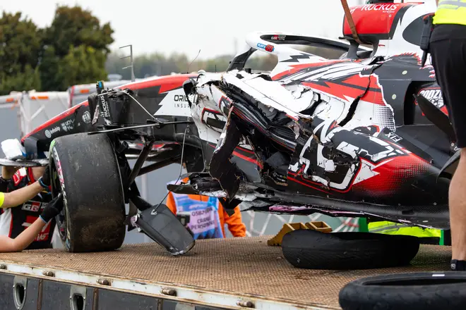 The damage to the Haas VF-26 of Oliver Bearman of Great Britain and Haas F1 Team following his crash during the F1 Grand Prix of Japan at Suzuka Circuit on March 29