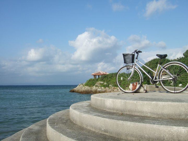 A bike on the steps in Ishigaki, Yaeyama islands, Japan