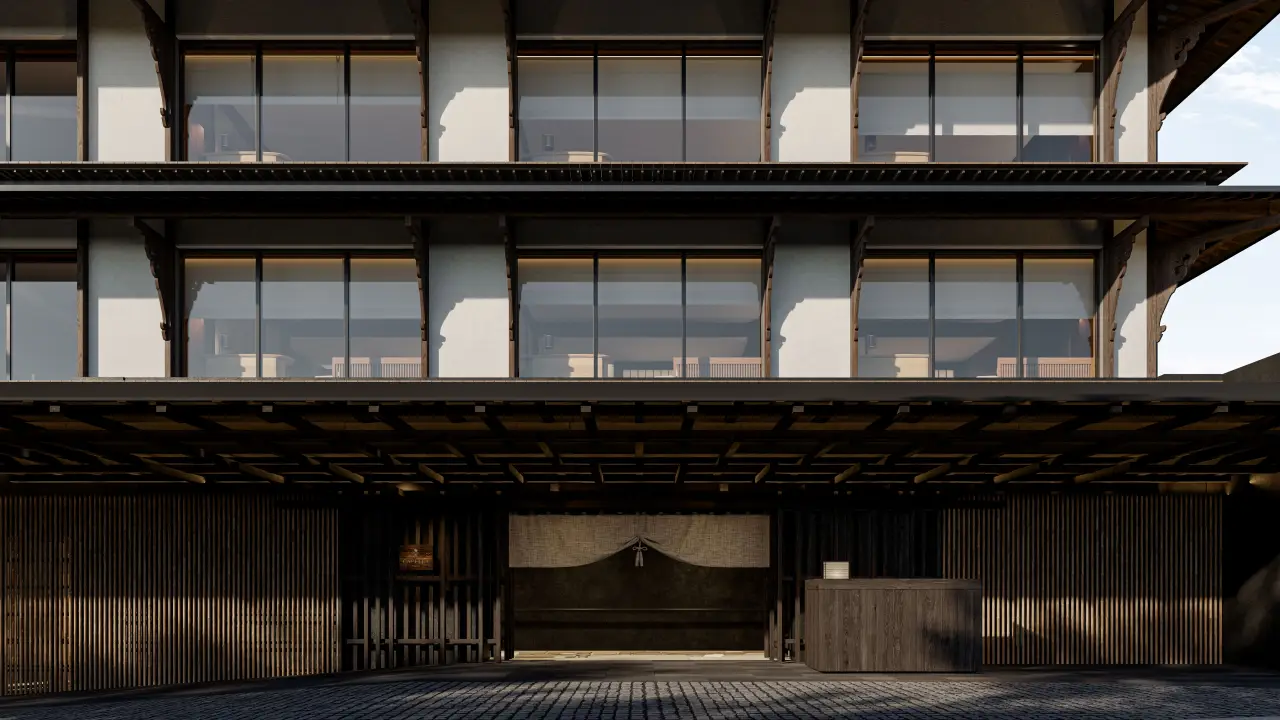 Capella Kyoto hotel entrance with traditional wooden façade, lattice screens and modern glass balconies
