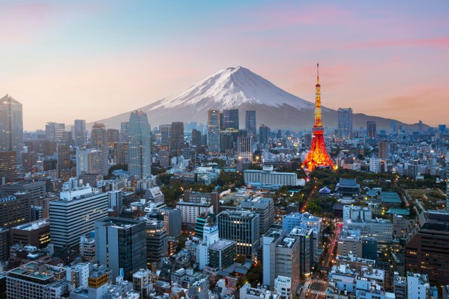 A view of buildings and skyscrapers in Tokyo, Japan, with the snow-capped Mount Fuji in the distance, under a light pink sky.
