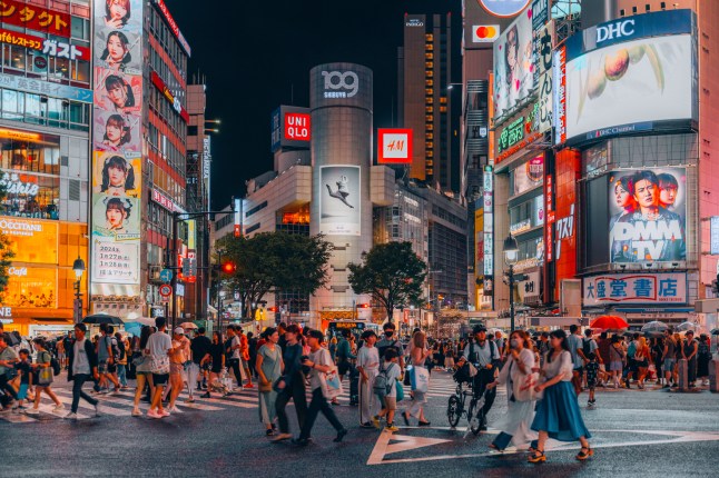 Shibuya Crossing by night, Tokyo.