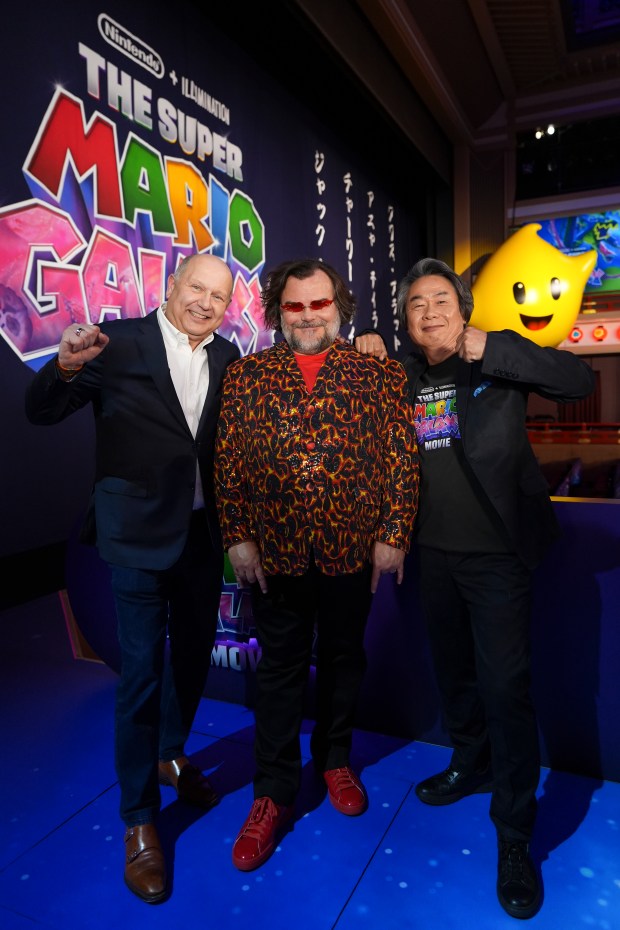 KYOTO, JAPAN - MARCH 28: Chris Meledandri, Jack Black and Shigeru Miyamoto pose for a photo as Universal Pictures, Nintendo and Illumination present the premiere of "The Super Mario Galaxy Movie" at Minamiza Theater on March 28, 2026 in Kyoto, Japan. (Photo by Tomohiro Ohsumi/Getty Images for Universal Pictures, Nintendo and Illumination)