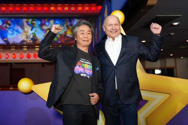 KYOTO, JAPAN - MARCH 28: Shigeru Miyamoto and Chris Meledandri pose for a photo as Universal Pictures, Nintendo and Illumination present the premiere of "The Super Mario Galaxy Movie" at Minamiza Theater on March 28, 2026 in Kyoto, Japan. (Photo by Tomohiro Ohsumi/Getty Images for Universal Pictures, Nintendo and Illumination)
