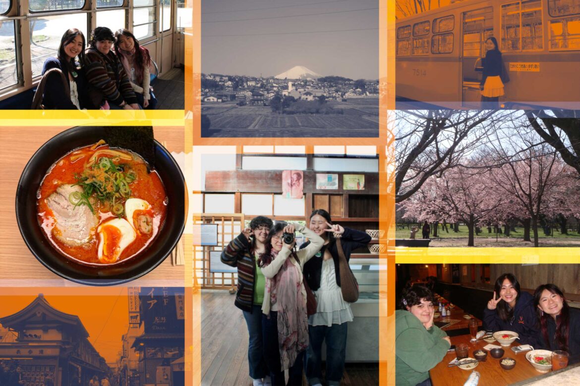 Collage of friends traveling in Japan with scenes of ramen, cherry blossoms, a train, and Mount Fuji