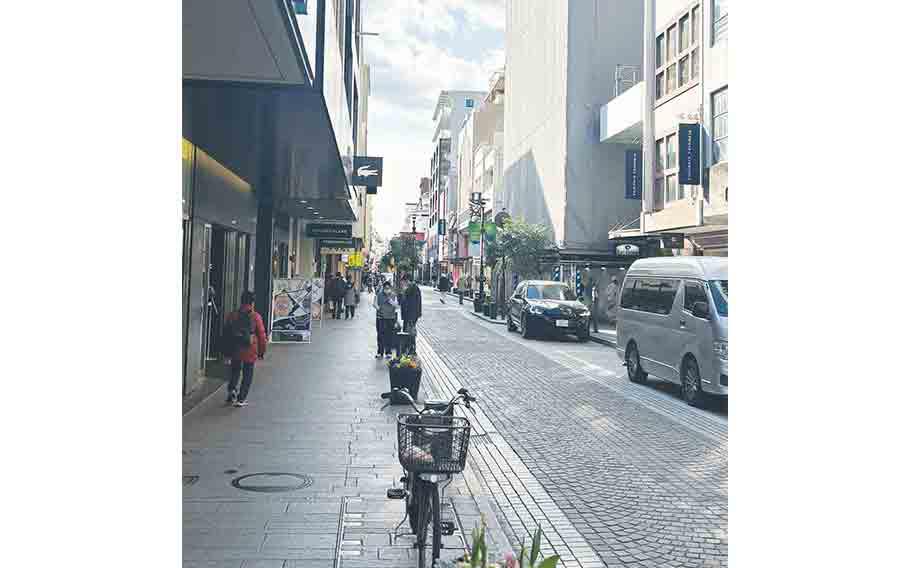 A street in Motomachi, Yokohama; stores on both sides of the street.
