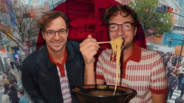 A collage featuring two selfies of Kevin Droniak in Japan, with a busy Tokyo street behind him.