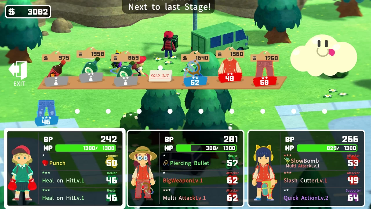 An item shop screen in Summer Road, equipping the main trio of characters with weapons and outfits. 