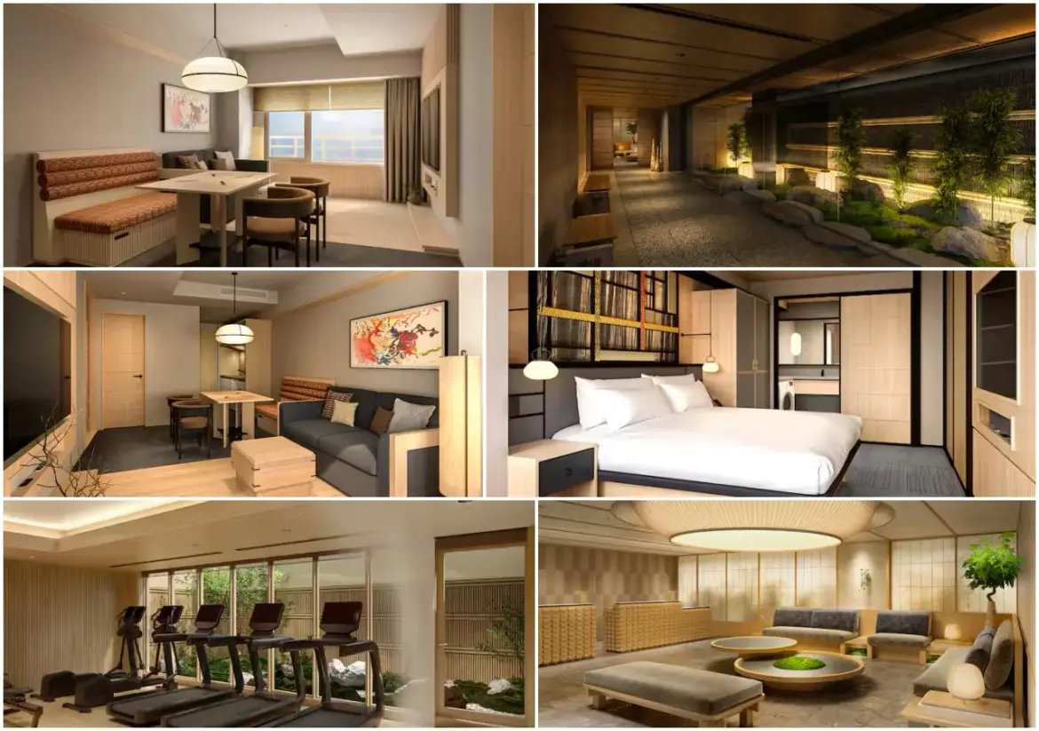 Hilton opens first Kyoto resort Interiors of Tradimo Kyoto Gojo by Hilton Grand Vacations showcasing suites, bedroom, lobby, fitness area and Japanese-style garden design