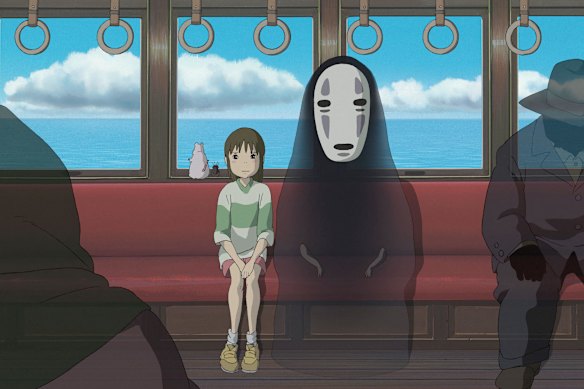 A scene from the Japanese anime film “Spirited Away” featuring characters aboard an imaginary sea-going train.