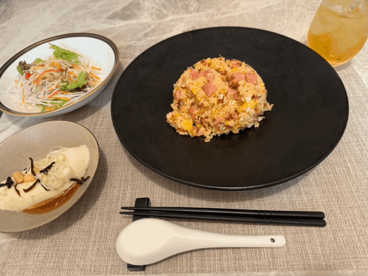 Japanese-style homemade fried rice set with loaded chilled tofu
