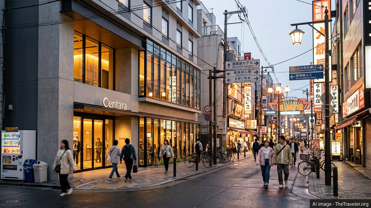 Street view of a modern hotel facade glowing at dusk in Osaka’s lively Namba district.