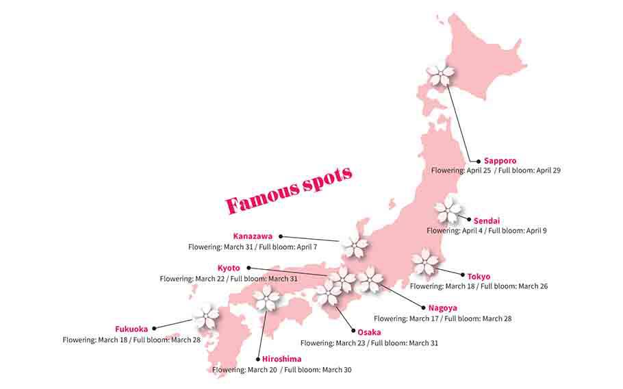 Japan map with famous spots’ cherry blossom forecast dates