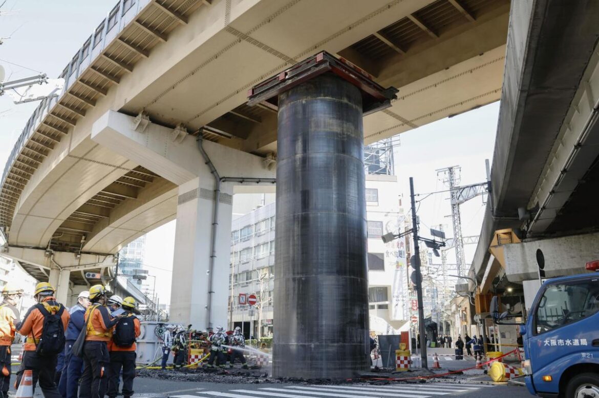 Giant pipe mysteriously bursts through ground, rises 30 feet above road in Japan