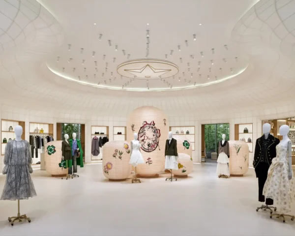 Interior of Dior Bamboo Pavilion Tokyo with washi paper walls, lantern displays and designer clothing