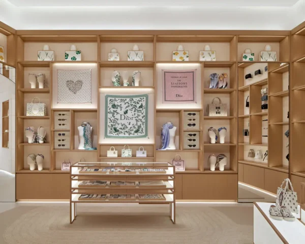 Dior Bamboo Pavilion Tokyo retail space displaying scarves, bags and accessories on wooden shelves