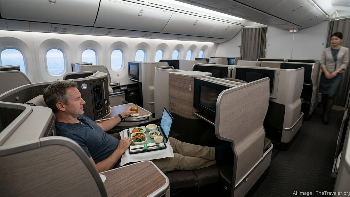 EVA Air business class cabin with spacious lie flat seats occupied by long haul travelers in soft ambient lighting.