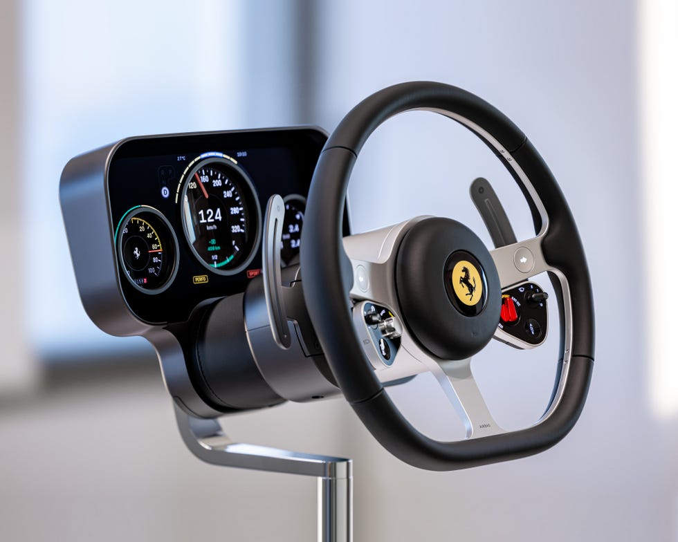 digital dashboard and steering wheel of a sports car
