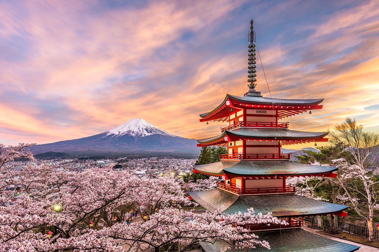 Fujiyoshida, Japan at Chureito Pagoda and Mt. Fuji in the spring.