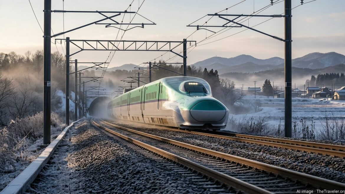 Hokkaido Bullet Train Turns 10 as Sapporo Link Slips to 2038 Hokkaido Shinkansen bullet train gliding through a snowy Hokkaido landscape near Hakodate.