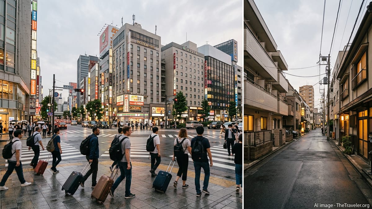 Evening street in Tokyo with hotels, apartments and tourists crossing a wet intersection.