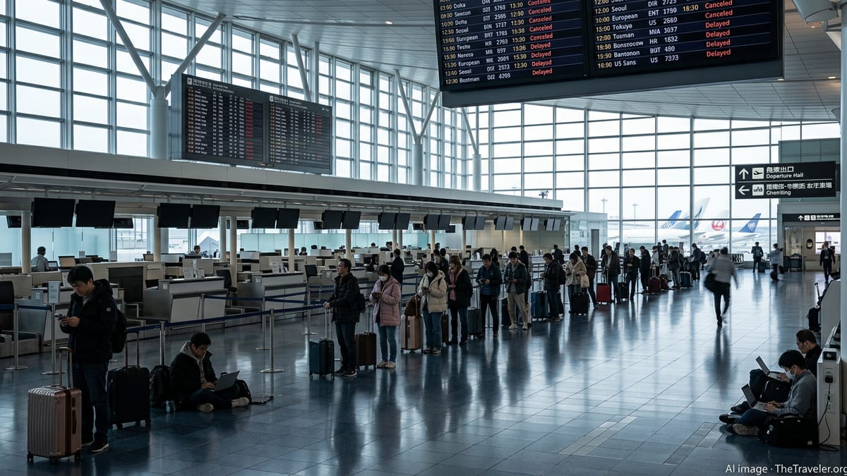 Crowded Tokyo airport departure hall with passengers queuing under boards showing multiple canceled international flights.
