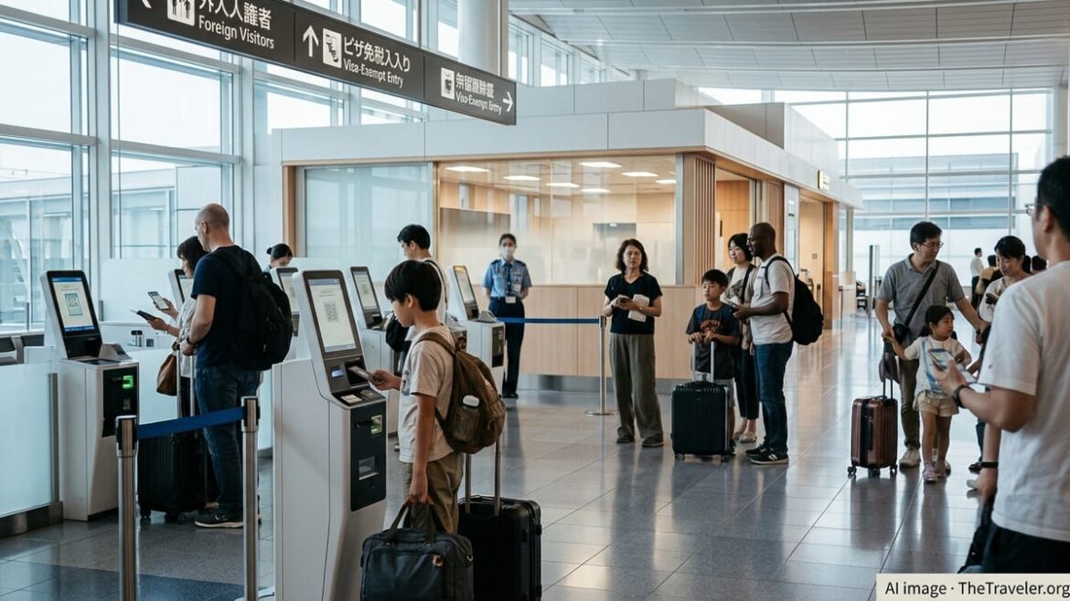Travelers use digital kiosks and phone QR codes at immigration in a busy Japanese airport.