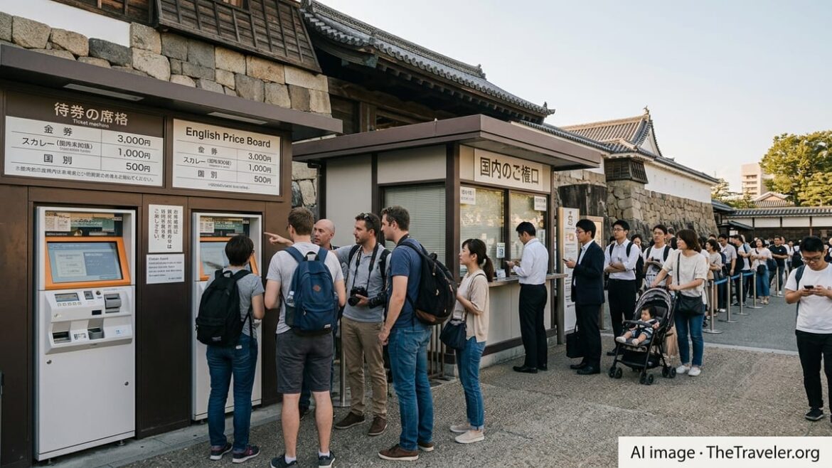 Tourists and locals queue at separate ticket windows outside a popular Japanese attraction.