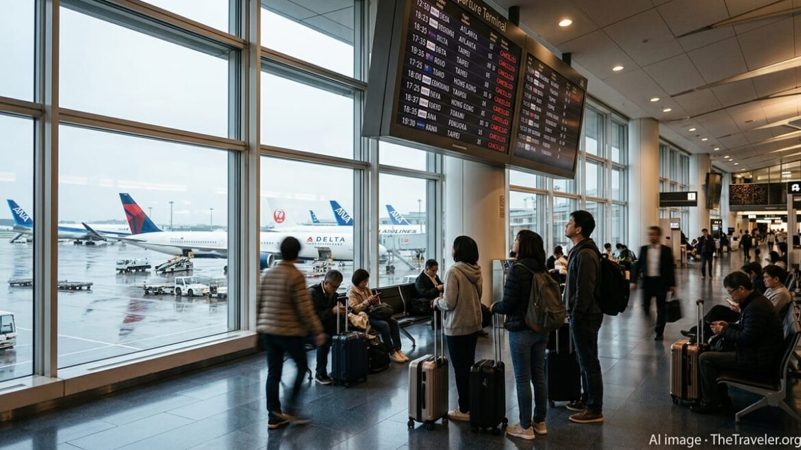 Flight Cancellations in Japan Disrupt Key Asia and US Routes Travelers at Tokyo airport checking departure boards showing multiple cancelled international flights.