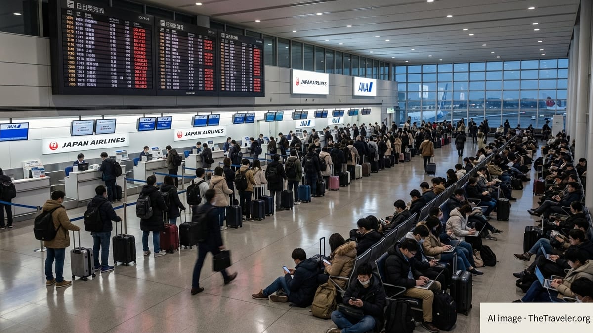 Crowded Japanese airport terminal with long queues and cancelled flights on departure boards.