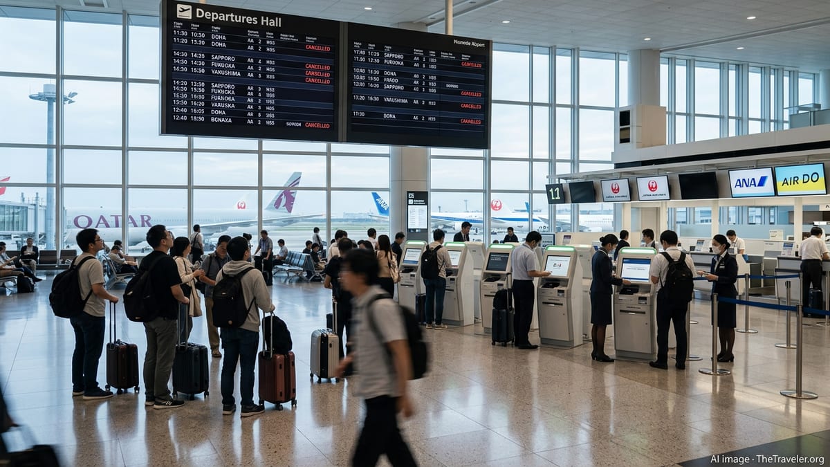Passengers at Tokyo airport check departure boards showing multiple cancelled flights.