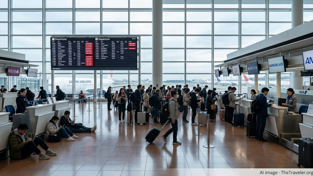 Travelers queue at Tokyo airport check-in desks under screens showing multiple canceled flights.