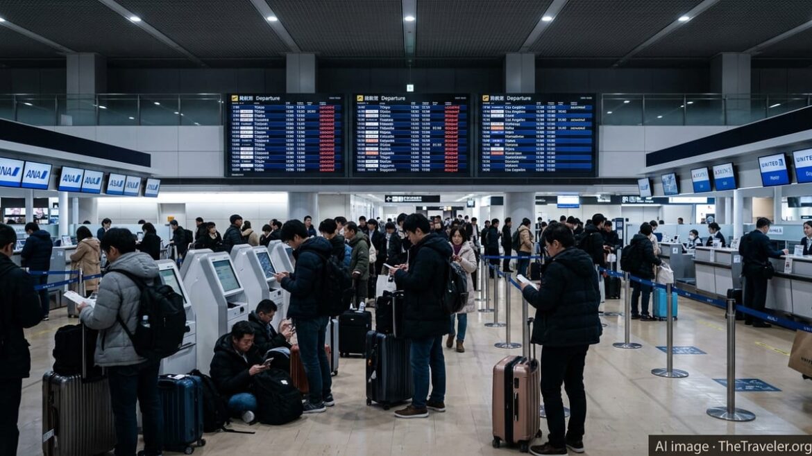 Travelers stand in long lines at a Japanese airport as flight status boards show multiple cancellations.