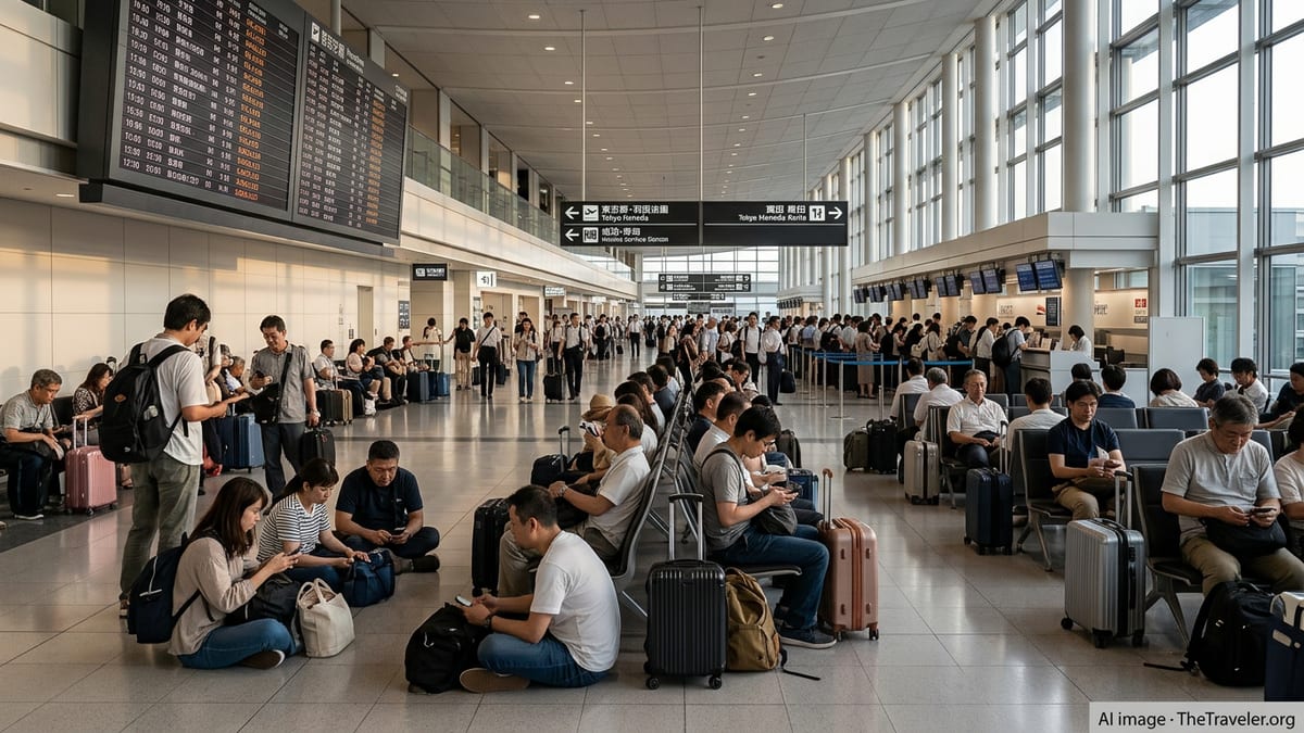Stranded passengers waiting with luggage under delayed flight boards in a busy Japanese airport terminal.