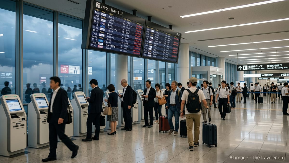 Travelers in a Japanese airport check Gulf-bound flights marked delayed or cancelled on large departure screens.
