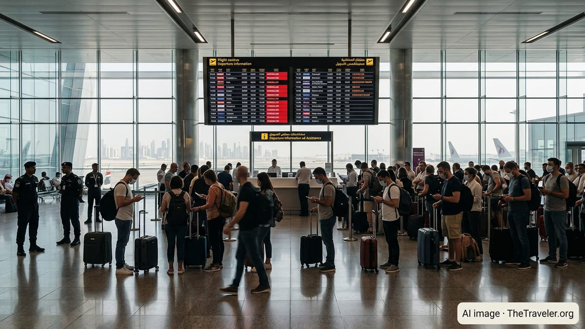 Travelers queue at a Gulf airport departures hall as security warnings disrupt flights.
