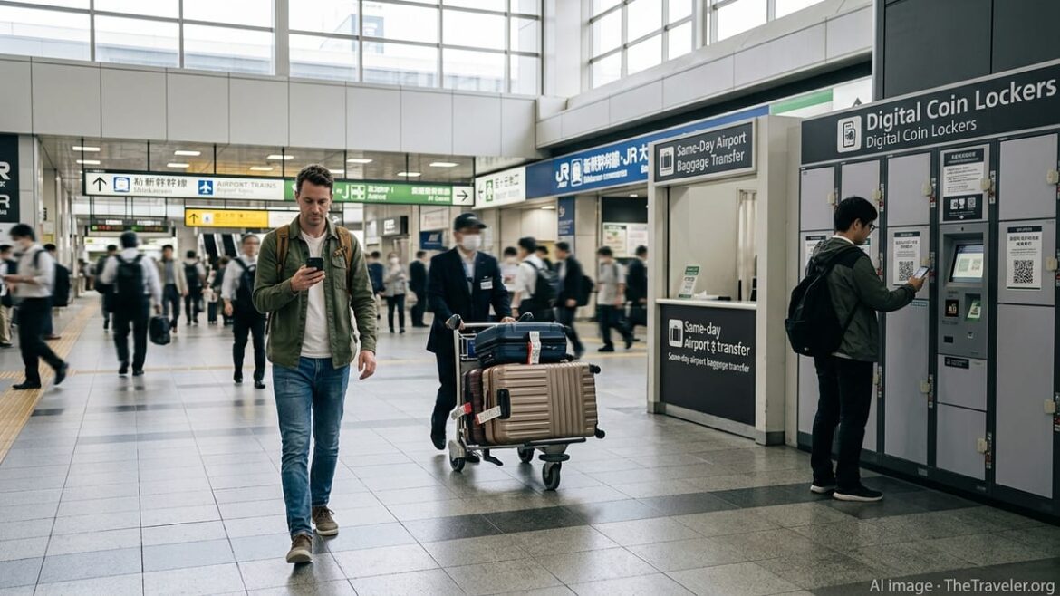 Japan’s 2026 Travel Hack: Hands-Free, Smart Luggage Travel Traveler in a Tokyo station walking hands-free as luggage services and smart lockers handle suitcases.