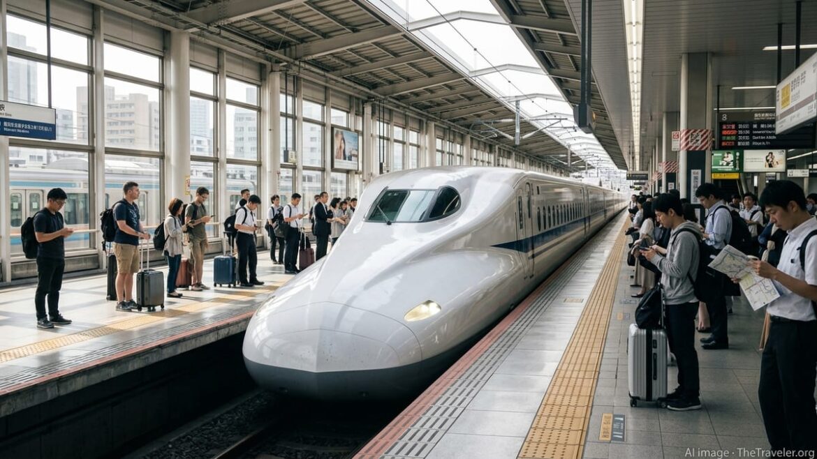 Tourists with luggage board a Shinkansen at a busy Japanese station platform.