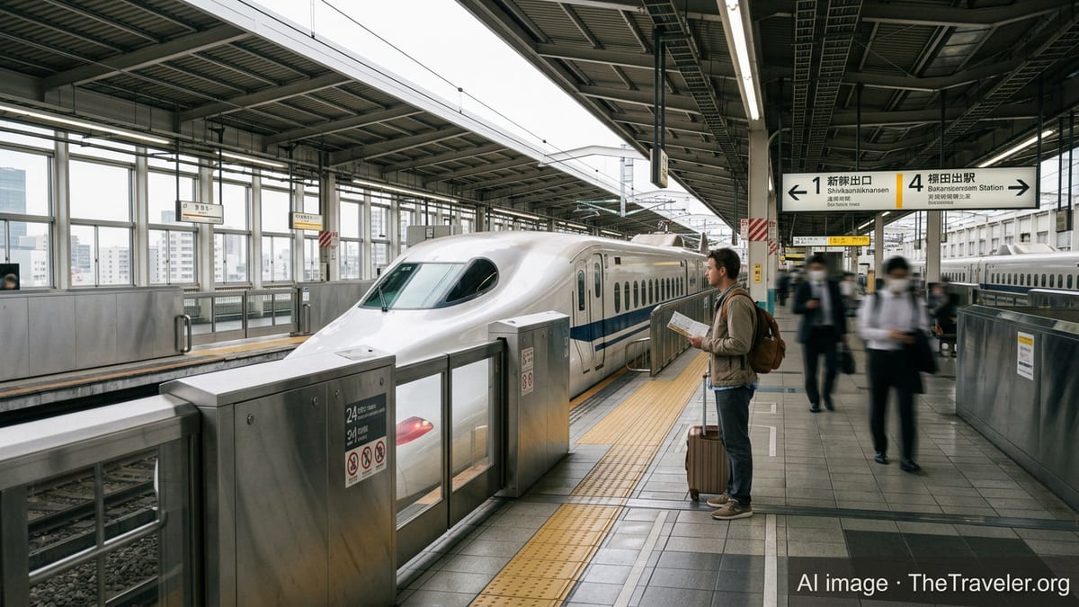 Traveler holding a rail pass on a Shinkansen platform as a bullet train waits at a Japanese station.