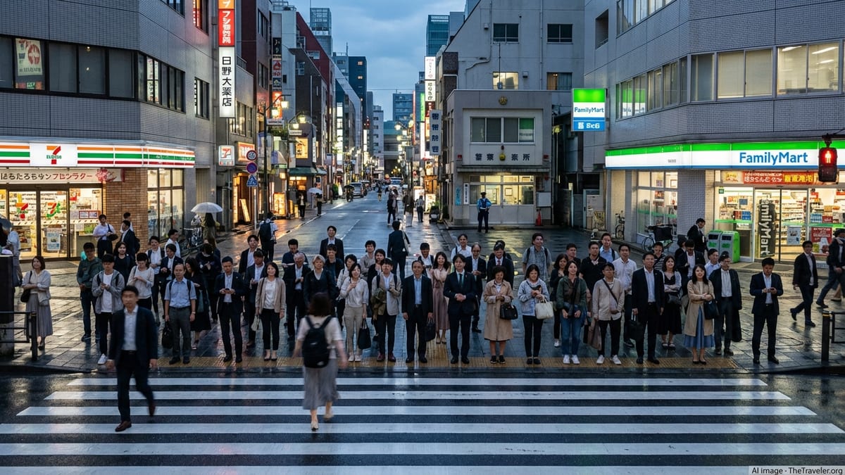 Evening street crossing in central Tokyo with pedestrians and city lights, conveying a calm and safe urban atmosphere.